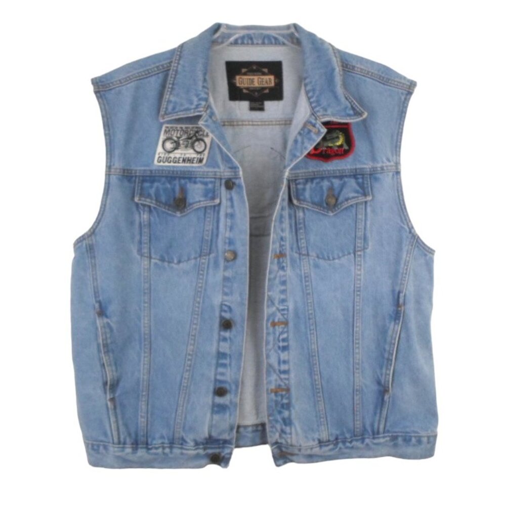 Guide Gear Blue Denim Biker Vest w Patches Light Wash Button Front